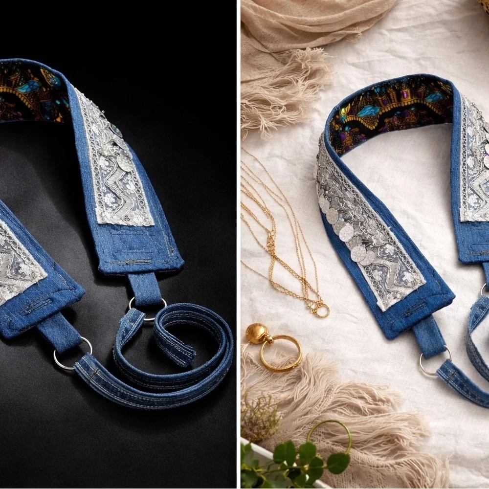 Artisan Boho Denim Coin Belt Handmade Upcycled Festival Waist Belt 33-38 Signed